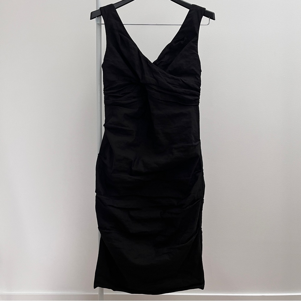 Eileen Fisher wrap front knee length dress 4 silk ruched LBD date night timeless
